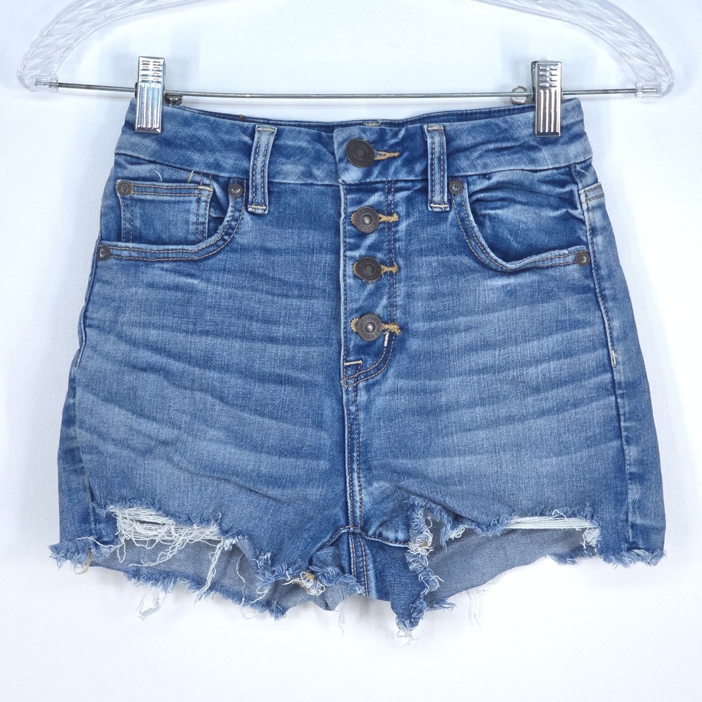 American Eagle Curvy Hi Rise Shortie Shorts Women 0 Raw Hem Button Fly Destroyed